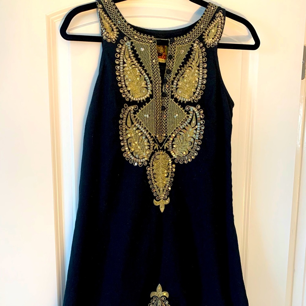 FREE PEOPLE | Black Gold Embroidered Shift Dress